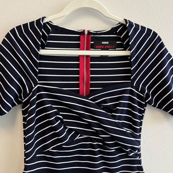 MISS SIXTY Navy White Striped Stretch A-line Midi Dress Women’s Size 4 - Picture 3 of 11